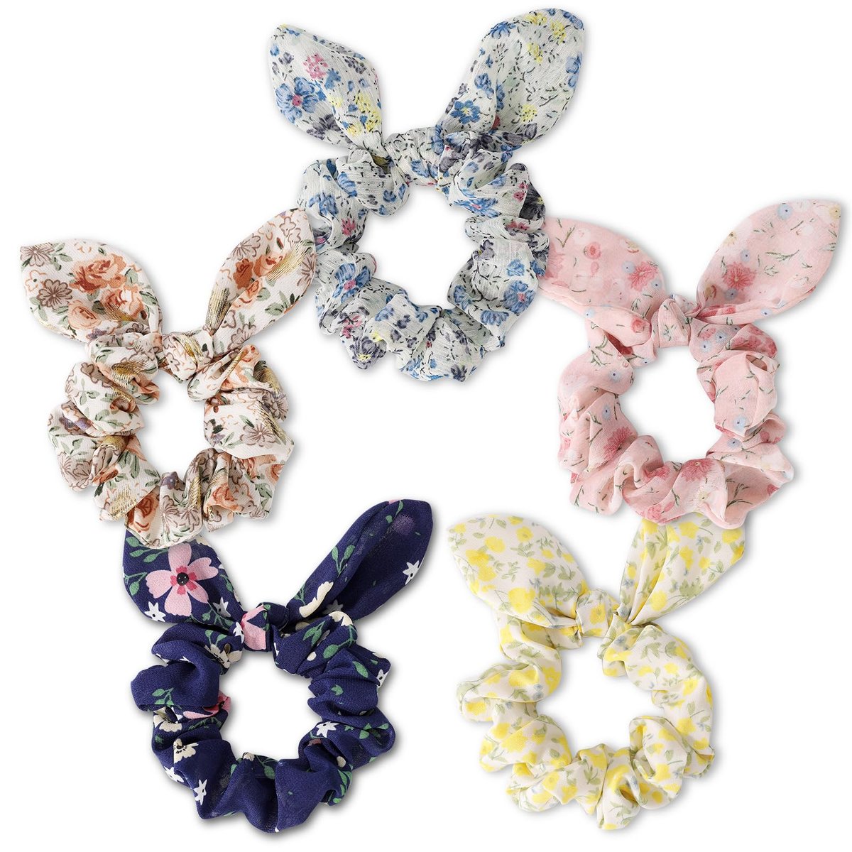 5 Stück Hasenohr Haarscrunchies für Frauen – Niedliche Chiffon Haargummis für dickes Haar, bunte Ponytail-Halter, Haaraccessoires
