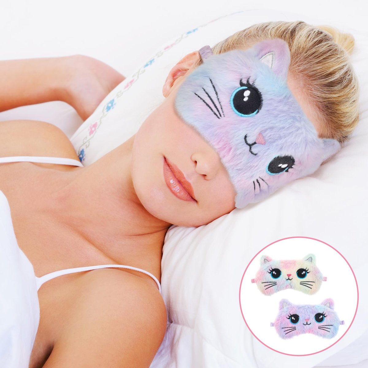 Schlafmaske für Kinder, 2 Stück Niedliche Katzen Schlafmaske Bunt Weich Plüsch Mädchen Schlafmasken Bequem Lustig Tier Nacht Augenmaske für Schlaf für Frauen Mädchen Zuhause Reisen