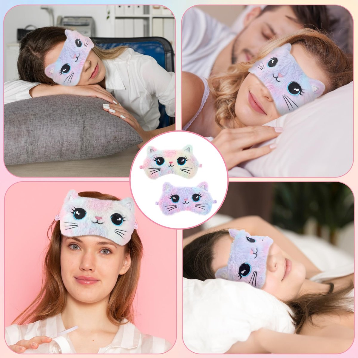 Schlafmaske für Kinder, 2 Stück Niedliche Katzen Schlafmaske Bunt Weich Plüsch Mädchen Schlafmasken Bequem Lustig Tier Nacht Augenmaske für Schlaf für Frauen Mädchen Zuhause Reisen