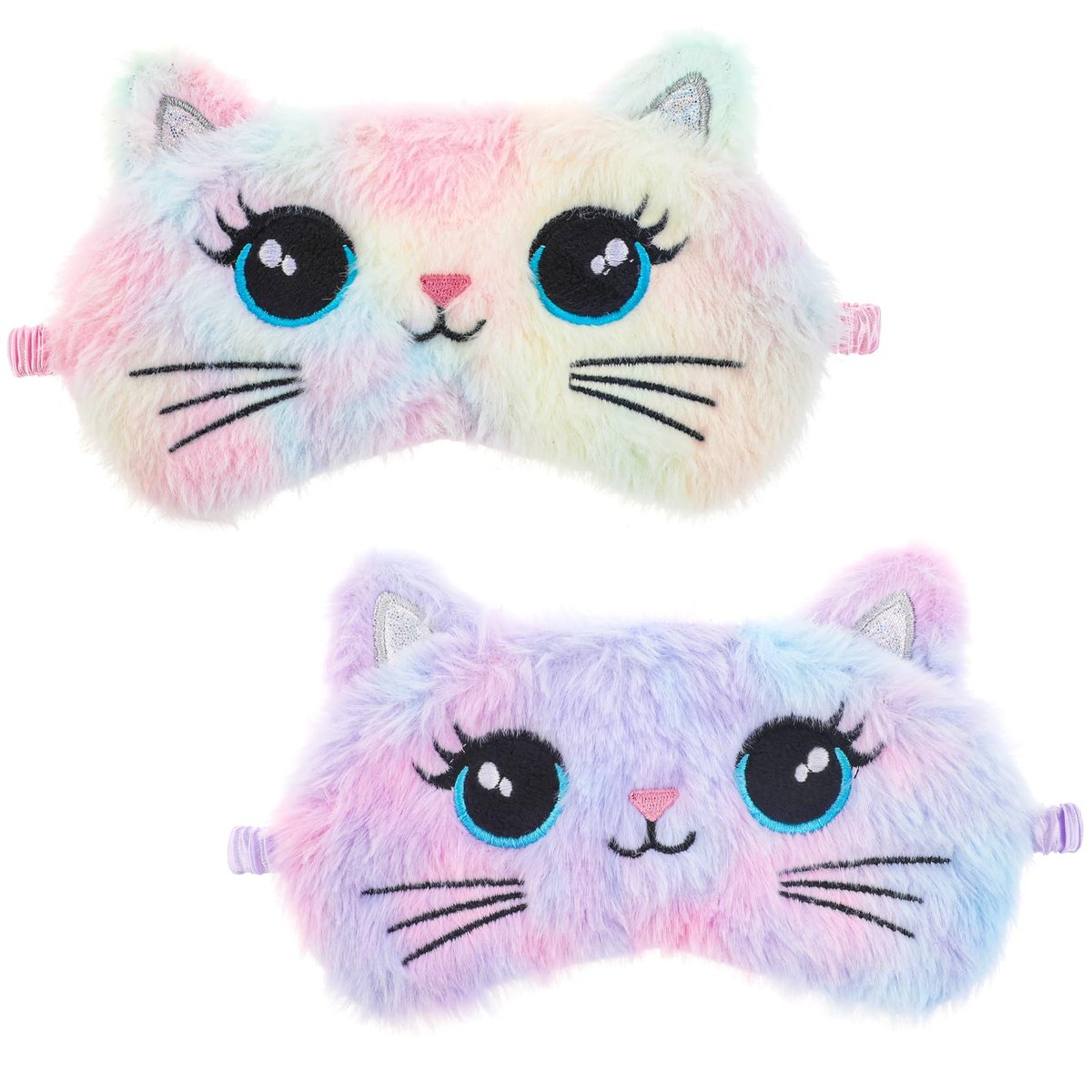Schlafmaske für Kinder, 2 Stück Niedliche Katzen Schlafmaske Bunt Weich Plüsch Mädchen Schlafmasken Bequem Lustig Tier Nacht Augenmaske für Schlaf für Frauen Mädchen Zuhause Reisen