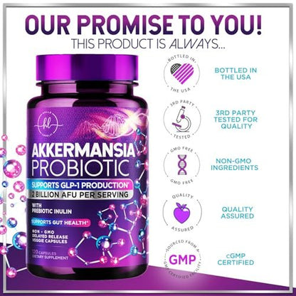 Akkermansia Probiotikum - 2 Milliarden AFU pro Portion - Bester Stamm zur Unterstützung der GLP-1-Produktion mit präbiotischen Fasern für natürliche Verdauung und Darmgesundheit - In den USA abgefüllt für Frauen und Männer - 120 Kapseln