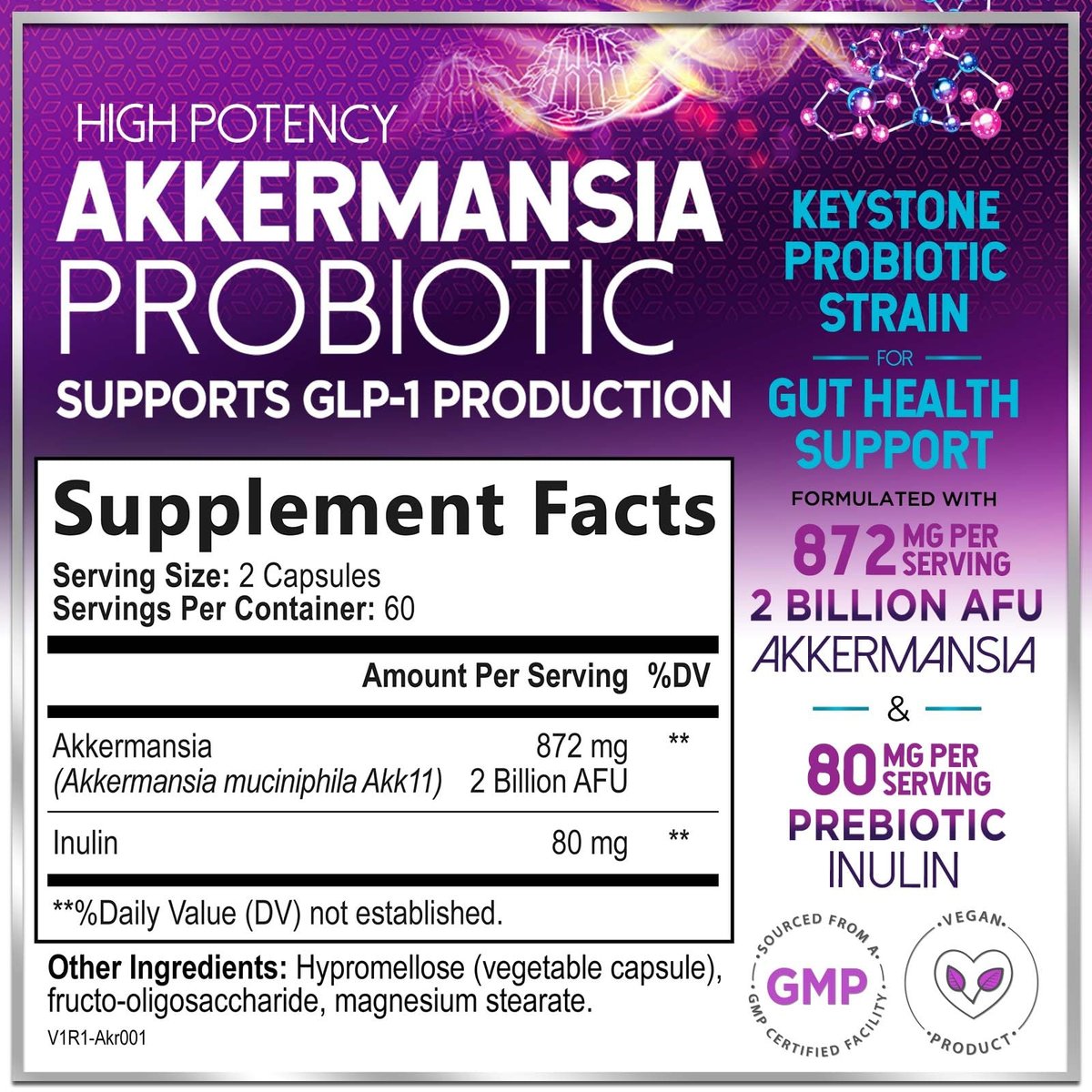 Akkermansia Probiotikum - 2 Milliarden AFU pro Portion - Bester Stamm zur Unterstützung der GLP-1-Produktion mit präbiotischen Fasern für natürliche Verdauung und Darmgesundheit - In den USA abgefüllt für Frauen und Männer - 120 Kapseln