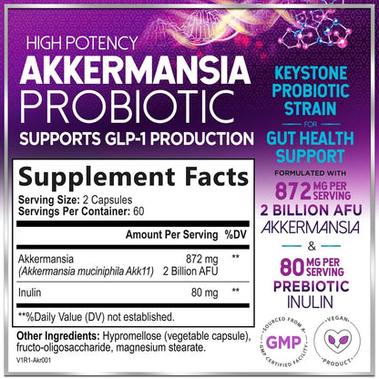 Akkermansia Probiotikum - 2 Milliarden AFU pro Portion - Bester Stamm zur Unterstützung der GLP-1-Produktion mit präbiotischen Fasern für natürliche Verdauung und Darmgesundheit - In den USA abgefüllt für Frauen und Männer - 120 Kapseln