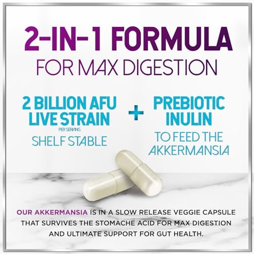 Akkermansia Probiotikum - 2 Milliarden AFU pro Portion - Bester Stamm zur Unterstützung der GLP-1-Produktion mit präbiotischen Fasern für natürliche Verdauung und Darmgesundheit - In den USA abgefüllt für Frauen und Männer - 120 Kapseln