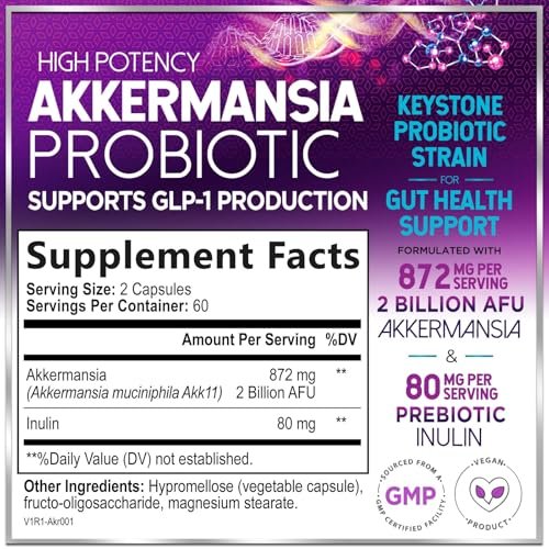Akkermansia Probiotikum - 2 Milliarden AFU pro Portion - Bester Stamm zur Unterstützung der GLP-1-Produktion mit präbiotischen Fasern für natürliche Verdauung und Darmgesundheit - In den USA abgefüllt für Frauen und Männer - 120 Kapseln