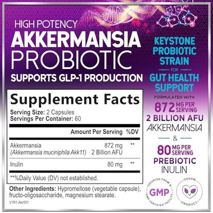 Akkermansia Probiotikum - 2 Milliarden AFU pro Portion - Bester Stamm zur Unterstützung der GLP-1-Produktion mit präbiotischen Fasern für natürliche Verdauung und Darmgesundheit - In den USA abgefüllt für Frauen und Männer - 120 Kapseln