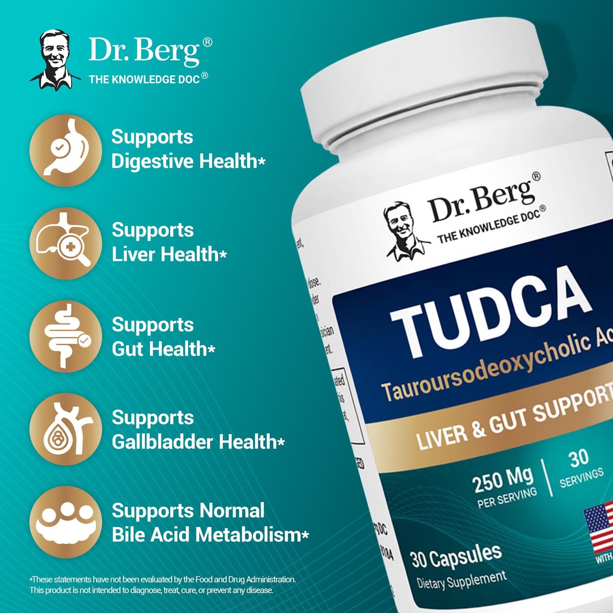 Dr. Berg TUDCA Supplement (Tauroursodeoxycholsäure) - Hochwirksame Formel für Lebergesundheit, Gallenfluss, Gallenblasenunterstützung und Verdauungsgesundheit* - 30 Kapseln