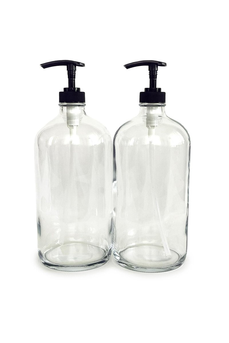Vivaplex 2er-Set Große 950 ml Leere Klare Glasflaschen mit Schwarzen Seifenspendern Pumpspender