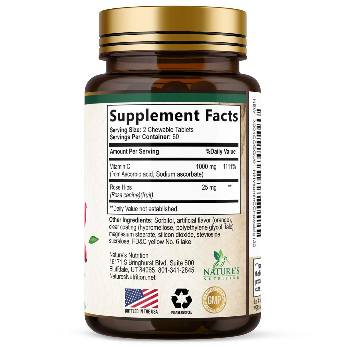 Vitamin C 1000 mg pro Portion Zuckerfrei Kautabletten – Extra starke Antioxidantien – Natürliches Immunsystem-Support mit Vitamin C & Hagebutte, leckere Orangen-Geschmack – 120 Tabletten