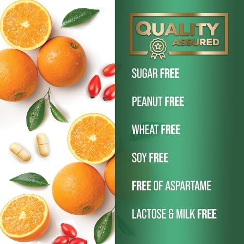 Vitamin C 1000 mg pro Portion Zuckerfrei Kautabletten – Extra starke Antioxidantien – Natürliches Immunsystem-Support mit Vitamin C & Hagebutte, leckere Orangen-Geschmack – 120 Tabletten