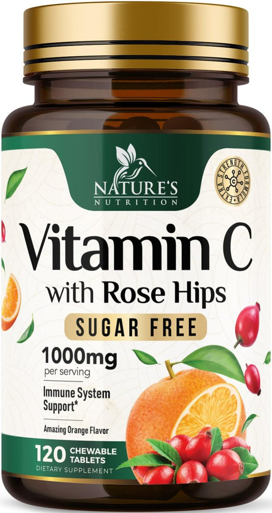Vitamin C 1000 mg pro Portion Zuckerfrei Kautabletten – Extra starke Antioxidantien – Natürliches Immunsystem-Support mit Vitamin C & Hagebutte, leckere Orangen-Geschmack – 120 Tabletten