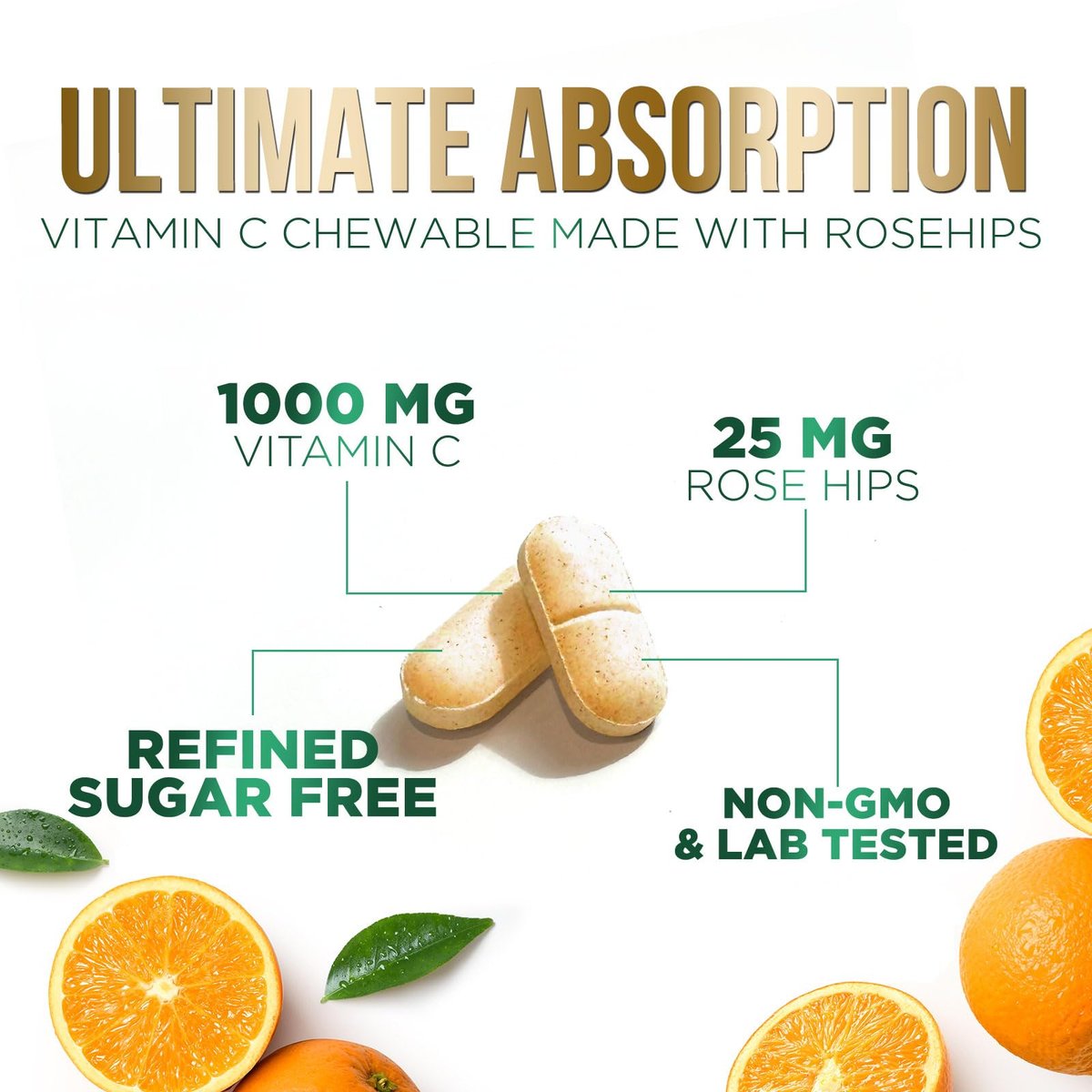 Vitamin C 1000 mg pro Portion Zuckerfrei Kautabletten – Extra starke Antioxidantien – Natürliches Immunsystem-Support mit Vitamin C & Hagebutte, leckere Orangen-Geschmack – 120 Tabletten