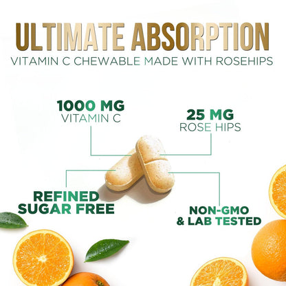 Vitamin C 1000 mg pro Portion Zuckerfrei Kautabletten – Extra starke Antioxidantien – Natürliches Immunsystem-Support mit Vitamin C & Hagebutte, leckere Orangen-Geschmack – 120 Tabletten