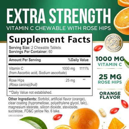 Vitamin C 1000 mg pro Portion Zuckerfrei Kautabletten – Extra starke Antioxidantien – Natürliches Immunsystem-Support mit Vitamin C & Hagebutte, leckere Orangen-Geschmack – 120 Tabletten