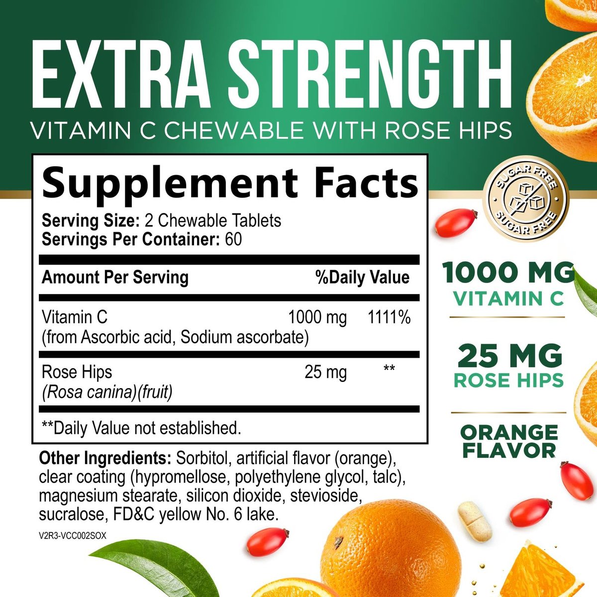 Vitamin C 1000 mg pro Portion Zuckerfrei Kautabletten – Extra starke Antioxidantien – Natürliches Immunsystem-Support mit Vitamin C & Hagebutte, leckere Orangen-Geschmack – 120 Tabletten