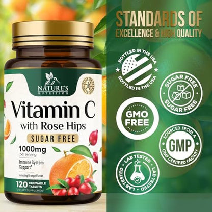 Vitamin C 1000 mg pro Portion Zuckerfrei Kautabletten – Extra starke Antioxidantien – Natürliches Immunsystem-Support mit Vitamin C & Hagebutte, leckere Orangen-Geschmack – 120 Tabletten