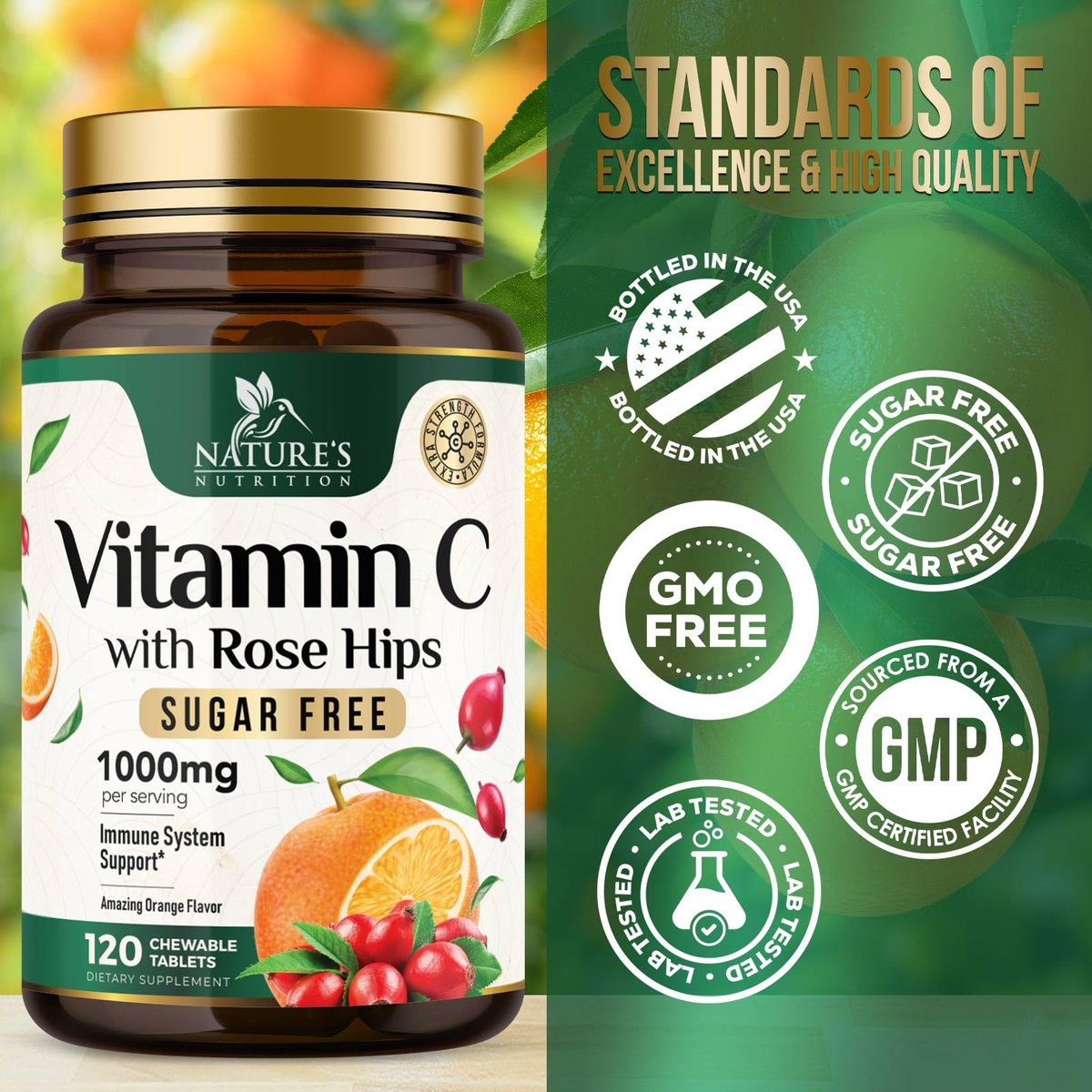 Vitamin C 1000 mg pro Portion Zuckerfrei Kautabletten – Extra starke Antioxidantien – Natürliches Immunsystem-Support mit Vitamin C & Hagebutte, leckere Orangen-Geschmack – 120 Tabletten