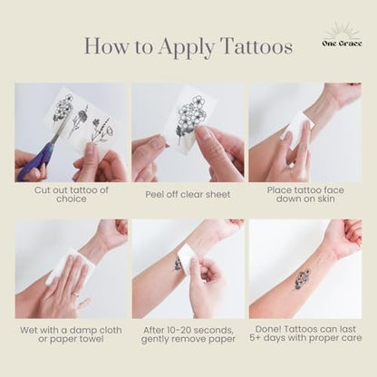 One Grace Mini Nature Temporäre Tattoos - Realistische, langanhaltende, wasserfeste kleine Tattoos - Schwarz-Weiß Schmetterlinge, Vogel, Blume, Rose, Baumzweig, Boho kleine Tattoos für Frauen und Männer