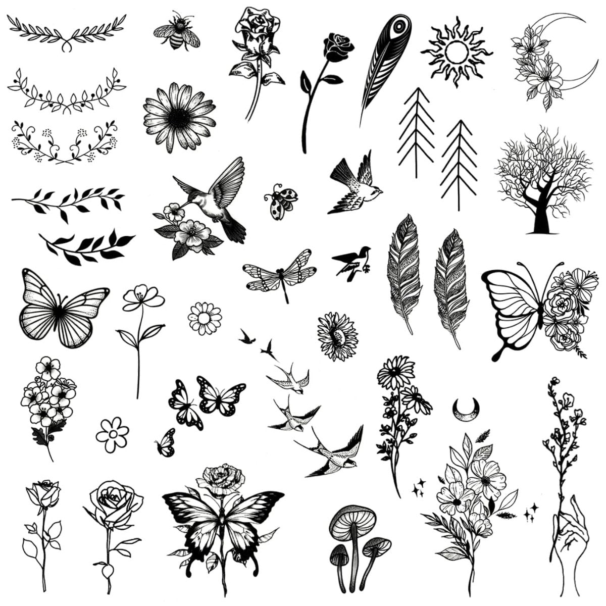 One Grace Mini Nature Temporäre Tattoos - Realistische, langanhaltende, wasserfeste kleine Tattoos - Schwarz-Weiß Schmetterlinge, Vogel, Blume, Rose, Baumzweig, Boho kleine Tattoos für Frauen und Männer