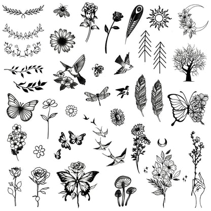 One Grace Mini Nature Temporäre Tattoos - Realistische, langanhaltende, wasserfeste kleine Tattoos - Schwarz-Weiß Schmetterlinge, Vogel, Blume, Rose, Baumzweig, Boho kleine Tattoos für Frauen und Männer