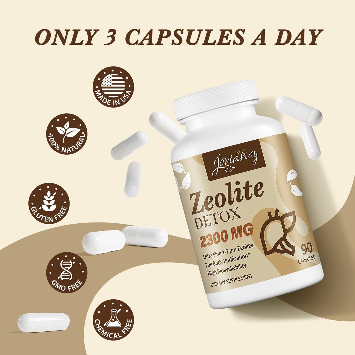 Jovianoy Zeolith Detox Kapseln, Bio Aktivkohle, Bentonit-Ton, 1-2 µm Klinoptilolith, Maximale Absorption, Darm-Leber-Detox-Reinigung für Männer und Frauen, 90 Kapseln