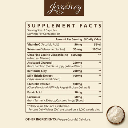 Jovianoy Zeolith Detox Kapseln, Bio Aktivkohle, Bentonit-Ton, 1-2 µm Klinoptilolith, Maximale Absorption, Darm-Leber-Detox-Reinigung für Männer und Frauen, 90 Kapseln