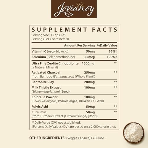 Jovianoy Zeolith Detox Kapseln, Bio Aktivkohle, Bentonit-Ton, 1-2 µm Klinoptilolith, Maximale Absorption, Darm-Leber-Detox-Reinigung für Männer und Frauen, 90 Kapseln