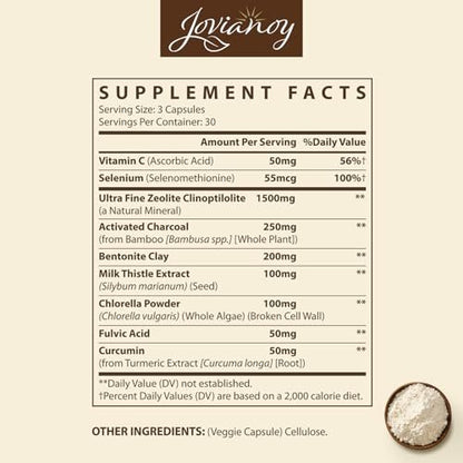 Jovianoy Zeolith Detox Kapseln, Bio Aktivkohle, Bentonit-Ton, 1-2 µm Klinoptilolith, Maximale Absorption, Darm-Leber-Detox-Reinigung für Männer und Frauen, 90 Kapseln