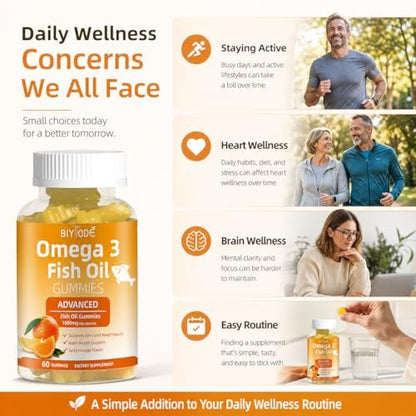 Omega-3 Fischöl Kapseln: Reine 1000mg Omega-3 Gummis für Herz, Gelenke, Augen, Gehirn & Immunsystem – 60 Gummis, 30-Tage-Vorrat