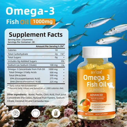 Omega-3 Fischöl Kapseln: Reine 1000mg Omega-3 Gummis für Herz, Gelenke, Augen, Gehirn & Immunsystem – 60 Gummis, 30-Tage-Vorrat
