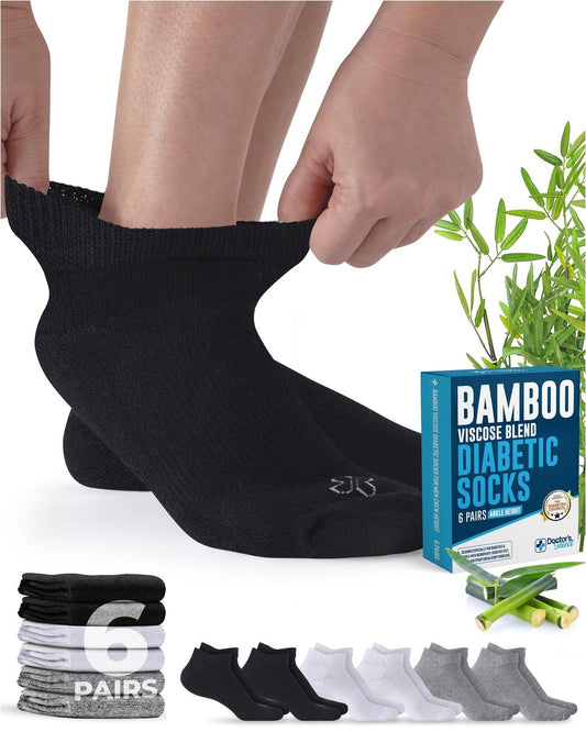 Doctor's Select Viskose-Bambus-Knöchel-Diabetikersocken für Damen und Herren – 6 Paar | Größen 9-12 und 13-15 | Schwarz, Weiß, Grau