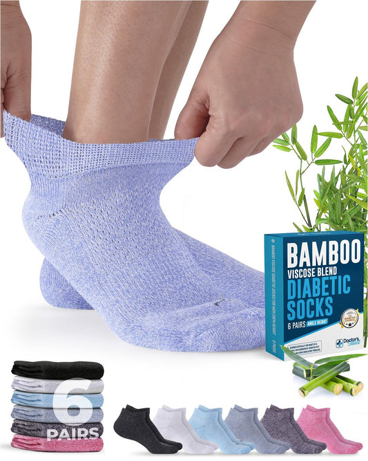 Doctor's Select Viskose-Bambus-Knöchel-Diabetikersocken für Damen und Herren - 6 Paare | Quarter-Diabetikersocken für Herren 9-12 | Ödemsocken | Schwarz, Weiß, Hellblau, Blau, Lila, Pink