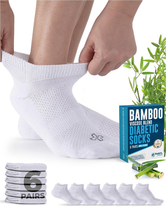 Doctor's Select Viskose-Bambus-Knöchel-Diabetikersocken - 6 Paar | Unisex Erwachsene, Weiß, Large