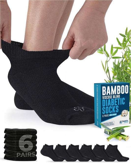 Doctor's Select Viscose-Bambus-Knöchelsocken für Diabetiker – Damen & Herren – 6 Paar | Diabetikersocken Herren 9-12 | Neuropathie-Socken | Nicht einschnürend | Schwarz