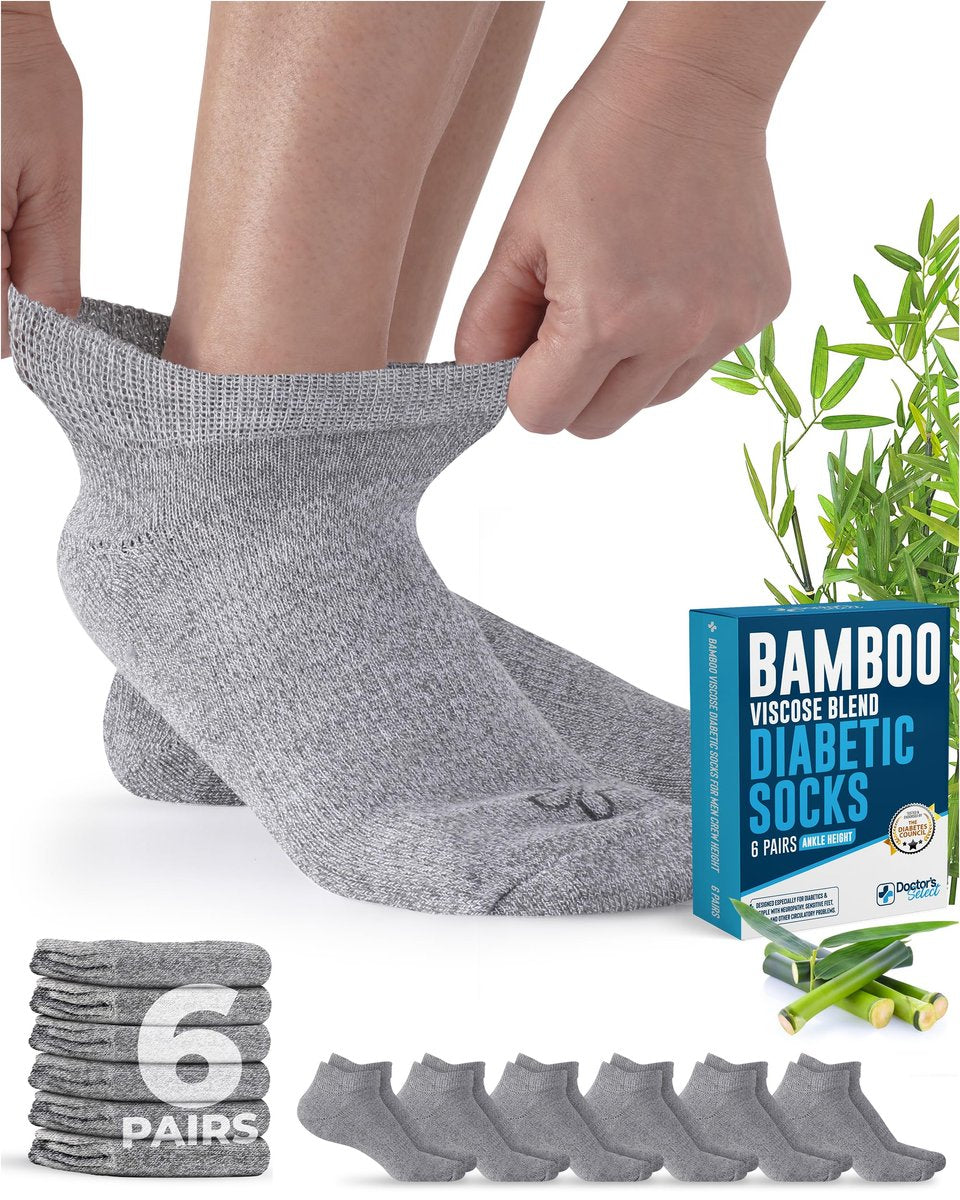 Doctor's Select Viskose-Bambus-Knöchel-Diabetikersocken für Damen und Herren - 6 Paar | Diabetikersocken für Herren 9-12 | Feuchtigkeitsableitend | Grau
