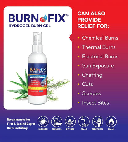 BurnFix® Hydrogel Brandspray – 120 ml Sofortige Kühlung bei Verbrennungen 1. & 2. Grades, Sonnenbrand & Verbrühungen | Arztempfohlene feuchtigkeitsspendende Erste-Hilfe für Kinder & Erwachsene
