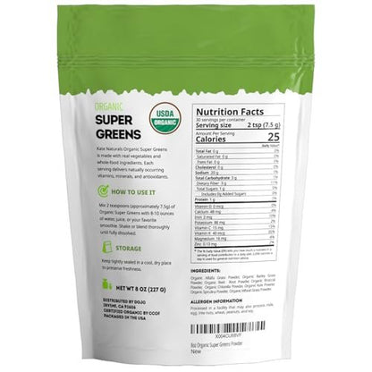 Kate Naturals Bio Super Greens Pulver – Tägliches Superfood mit Probiotika & Ballaststoffen für Smoothies und Säfte (30 Portionen, 227 g, Natur)