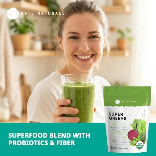 Kate Naturals Bio Super Greens Pulver – Tägliches Superfood mit Probiotika & Ballaststoffen für Smoothies und Säfte (30 Portionen, 227 g, Natur)