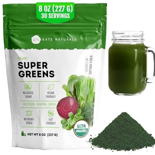Kate Naturals Bio Super Greens Pulver – Tägliches Superfood mit Probiotika & Ballaststoffen für Smoothies und Säfte (30 Portionen, 227 g, Natur)