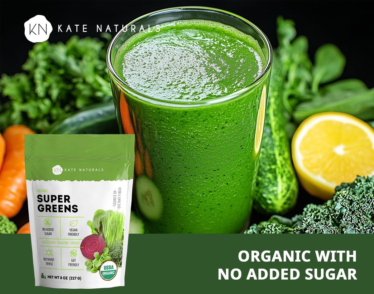 Kate Naturals Bio Super Greens Pulver – Tägliches Superfood mit Probiotika & Ballaststoffen für Smoothies und Säfte (30 Portionen, 227 g, Natur)