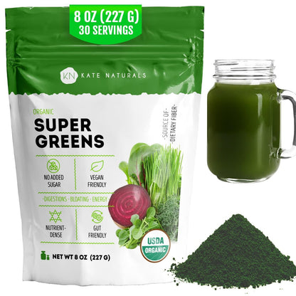 Kate Naturals Bio Super Greens Pulver – Tägliches Superfood mit Probiotika & Ballaststoffen für Smoothies und Säfte (30 Portionen, 227 g, Natur)