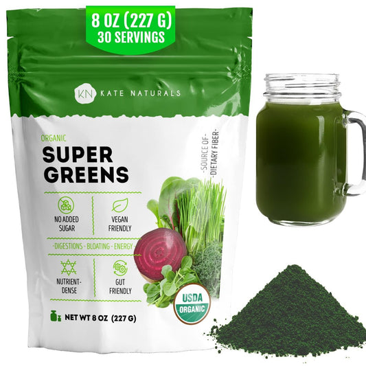Kate Naturals Bio Super Greens Pulver – Tägliches Superfood mit Probiotika & Ballaststoffen für Smoothies und Säfte (30 Portionen, 227 g, Natur)
