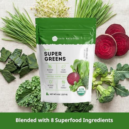 Kate Naturals Bio Super Greens Pulver – Tägliches Superfood mit Probiotika & Ballaststoffen für Smoothies und Säfte (30 Portionen, 227 g, Natur)