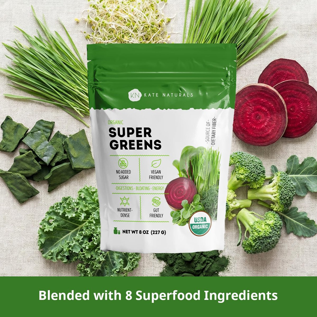 Kate Naturals Bio Super Greens Pulver – Tägliches Superfood mit Probiotika & Ballaststoffen für Smoothies und Säfte (30 Portionen, 227 g, Natur)