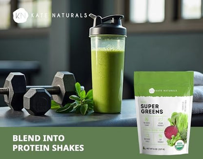 Kate Naturals Bio Super Greens Pulver – Tägliches Superfood mit Probiotika & Ballaststoffen für Smoothies und Säfte (30 Portionen, 227 g, Natur)