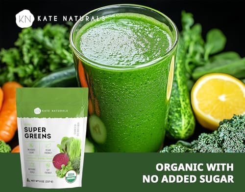 Kate Naturals Bio Super Greens Pulver – Tägliches Superfood mit Probiotika & Ballaststoffen für Smoothies und Säfte (30 Portionen, 227 g, Natur)