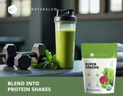Kate Naturals Bio Super Greens Pulver – Tägliches Superfood mit Probiotika & Ballaststoffen für Smoothies und Säfte (30 Portionen, 227 g, Natur)