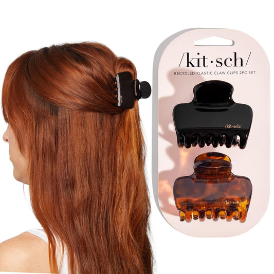 Kitsch Medium Haarclips für Frauen – Starker Halt & Stilvolles Glänzendes Puffy-Design | Für Half-Up- oder Hochsteckfrisuren | Ideale Geschenke für Frauen – 2er-Set, Schwarz & Schildpatt