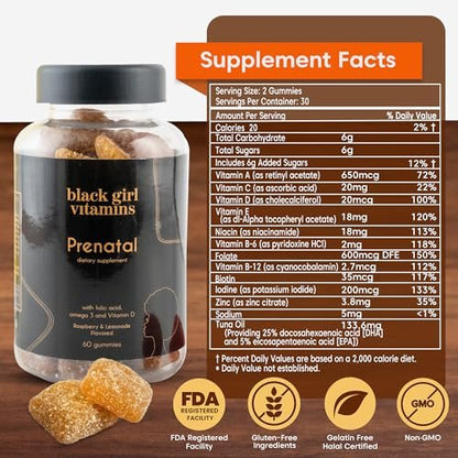 Black Girl Vitamins - Pränatale Gummibärchen für Frauen mit Folsäure zur Unterstützung der Knochengesundheit, glutenfrei (Himbeer-Zitronen-Limonade), 60 Stück