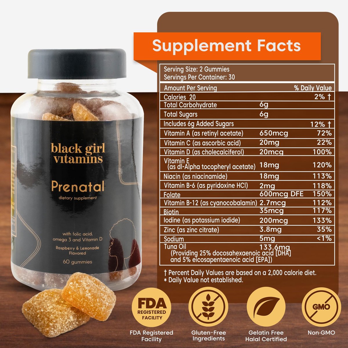 Black Girl Vitamins - Pränatale Gummibärchen für Frauen mit Folsäure zur Unterstützung der Knochengesundheit, glutenfrei (Himbeer-Zitronen-Limonade), 60 Stück